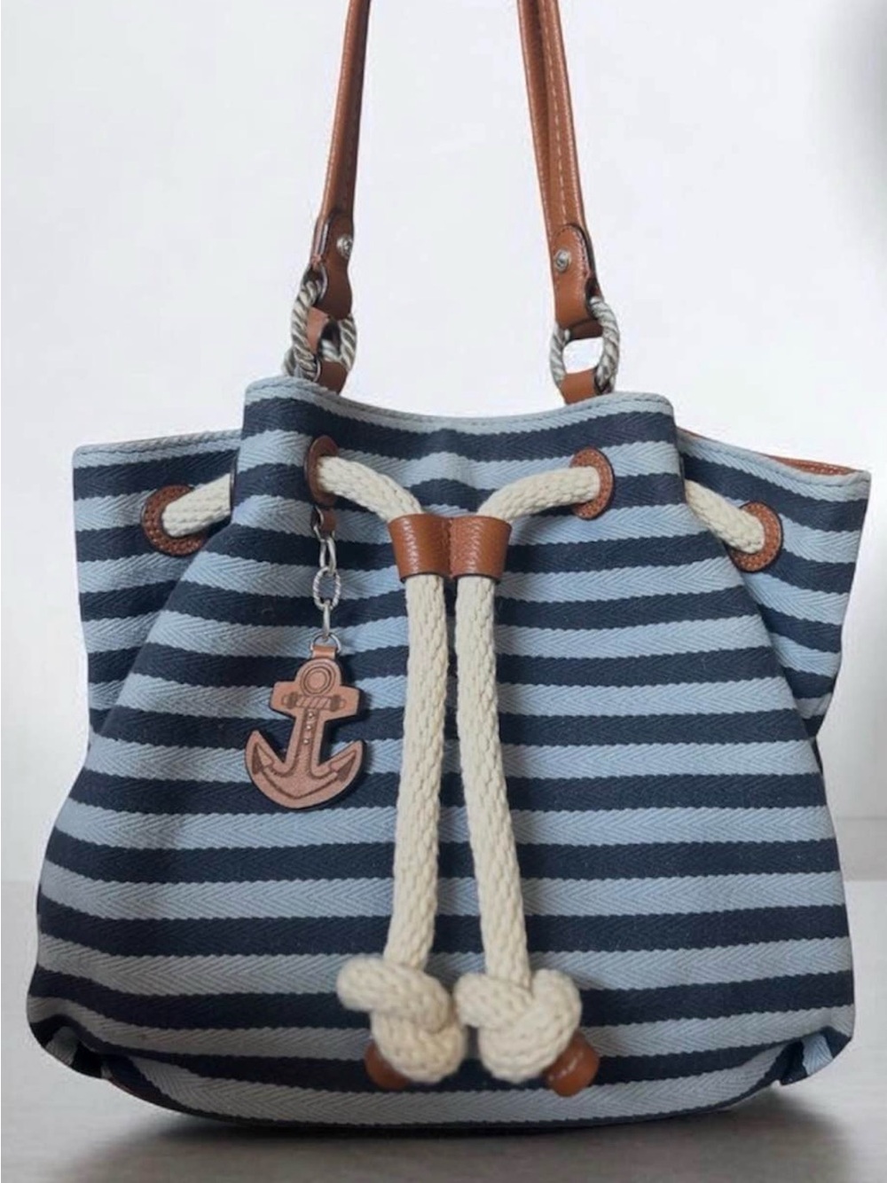 Brighton Seaside Surf Striped Anchor Drawstring Bag Nautical Tote Coastal Beach